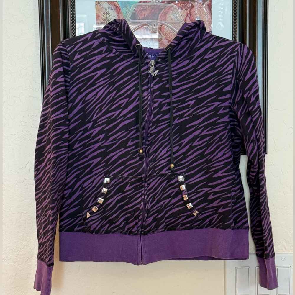 Purple zebra print hoodie silver studded pockets skull details Abbey dawn vibes! - Picture 5 of 8